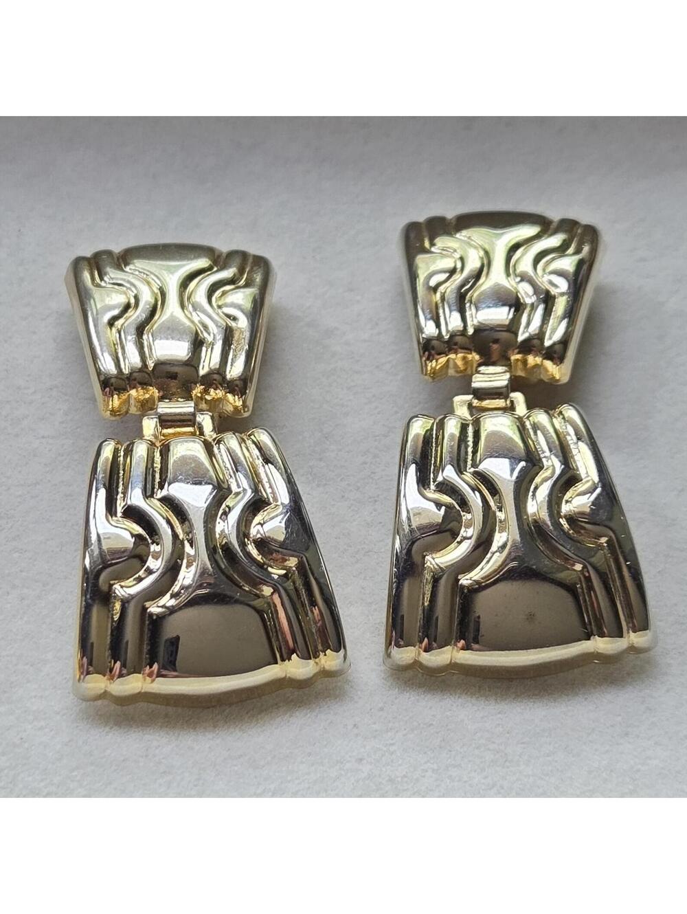 Vintage Gold Tone Sculptural Drop Dangle Clip On Earrings Statement 2 Inch
